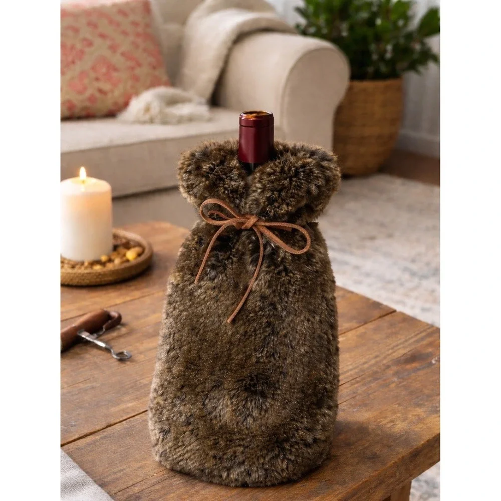Restoration Hardware RH Ultra Faux Fur Wine Bottle Bag Brown NWOT